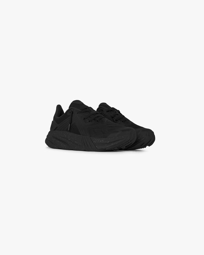 Product image of a mens black running shoe on a plain white background | 247 Arc-1 Runner in Black | Lightweight running shoe with breathable mesh upper | 247 Footwear | Represent Clo