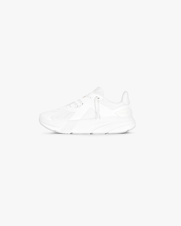 Product image of mens white running shoe on a plain white background | 247 Arc-1 Runner in Flat White | Lightweight running shoe with engineered mesh upper | 247 Footwear | Represent Clo