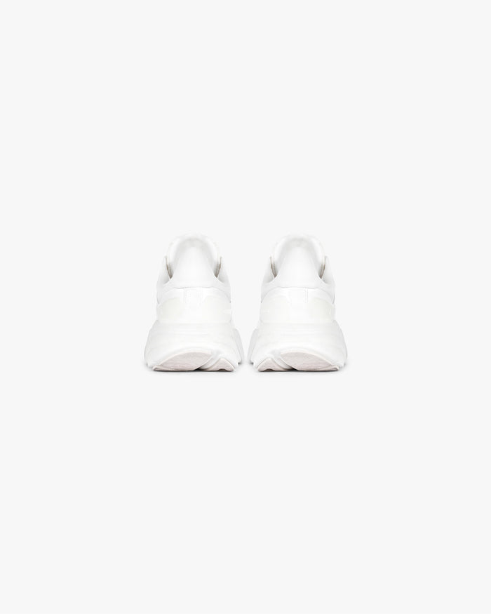 Front product image of a mens white running shoe on a plain white background | 247 Arc-1 Runner in Flat White | Breathable running shoe with TPU overlay and EVA midsole | 247 Footwear | Represent Clo