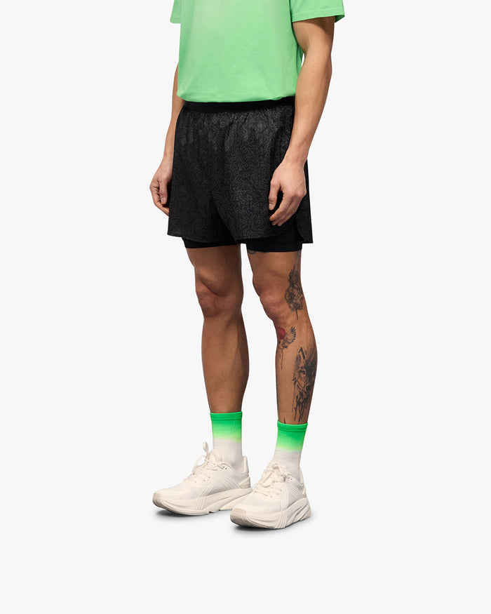Back product image of mens black 2-in-1 run shorts on a plain white background | 247 Contour 2-In-1 Run Shorts in Black | Shorts with reflective contour print and zip pockets | 247 Shorts | Represent Clo