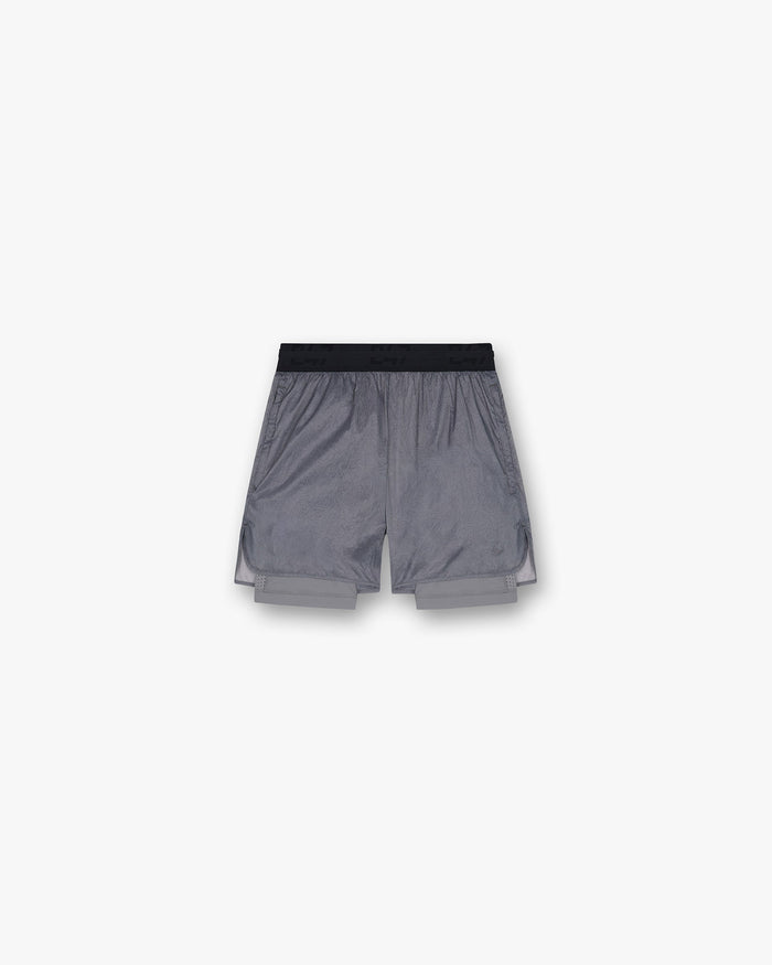 Front product image of mens grey shorts on a plain white background | 247 Contour 2-In-1 Run Shorts in Titanium | Shorts with built-in support and peached finish | 247 Shorts | Represent Clo