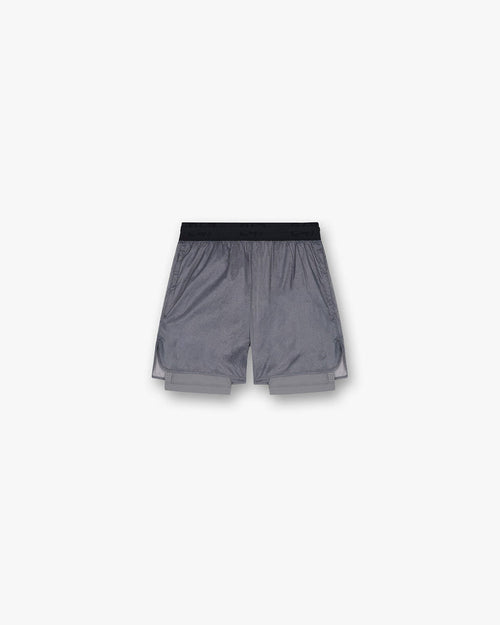 Front product image of mens grey shorts on a plain white background | 247 Contour 2-In-1 Run Shorts in Titanium | Shorts with built-in support and peached finish | 247 Shorts | Represent Clo