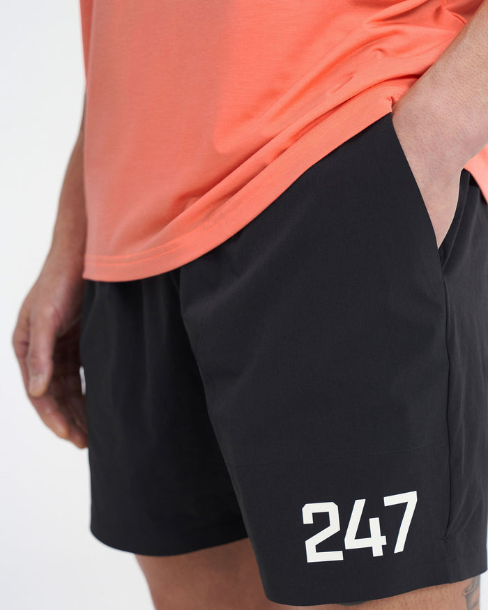 Man wearing black gym shorts on a plain white background | 247 Fused Shorts in Black | Recycled nylon blend training shorts with internal drawcord | 247 Shorts | Represent Clo