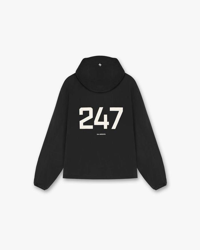 Back product image of a mens black jacket on a plain white background | 247 Hooded Training Jacket in Jet Black | Nylon jacket with DWR coating | 247 Outerwear | Represent Clo