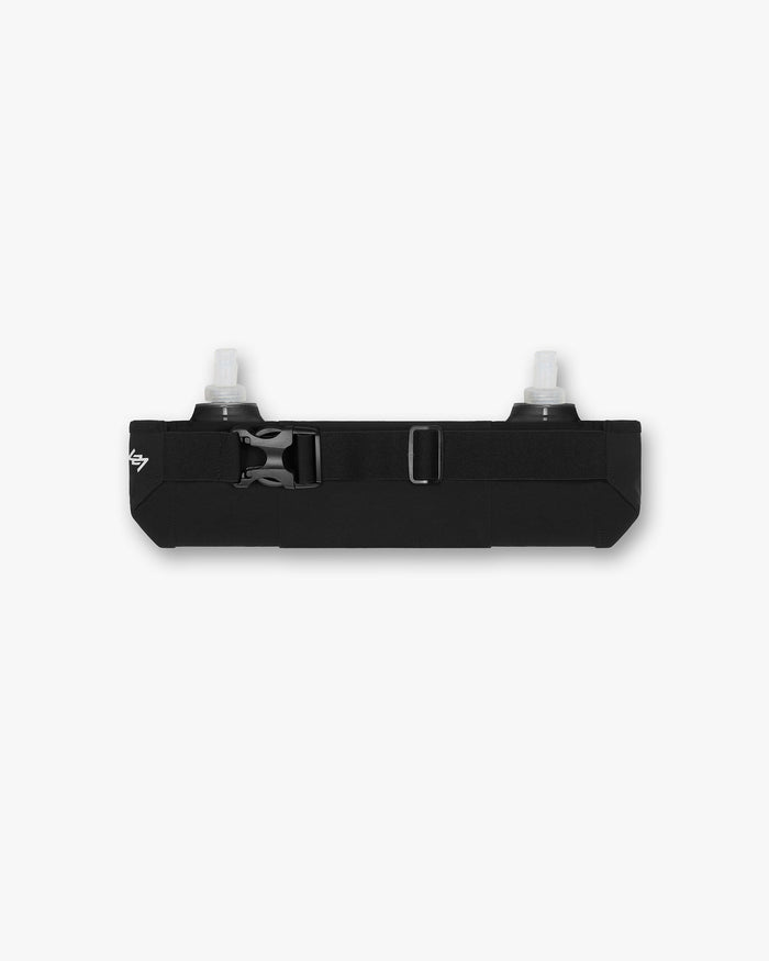 Front product image of a mens black belt on a plain white background | 247 Hydration Belt in Black | Belt with bottle holders | 247 Accessories | Represent Clo