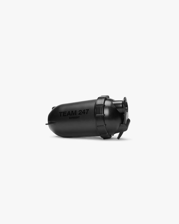 Product image of a black protein shaker on a plain white background | 247 Protein Shaker in Black | Shaker with 500ml capacity and round bottom | 247 Accessories | Represent Clo