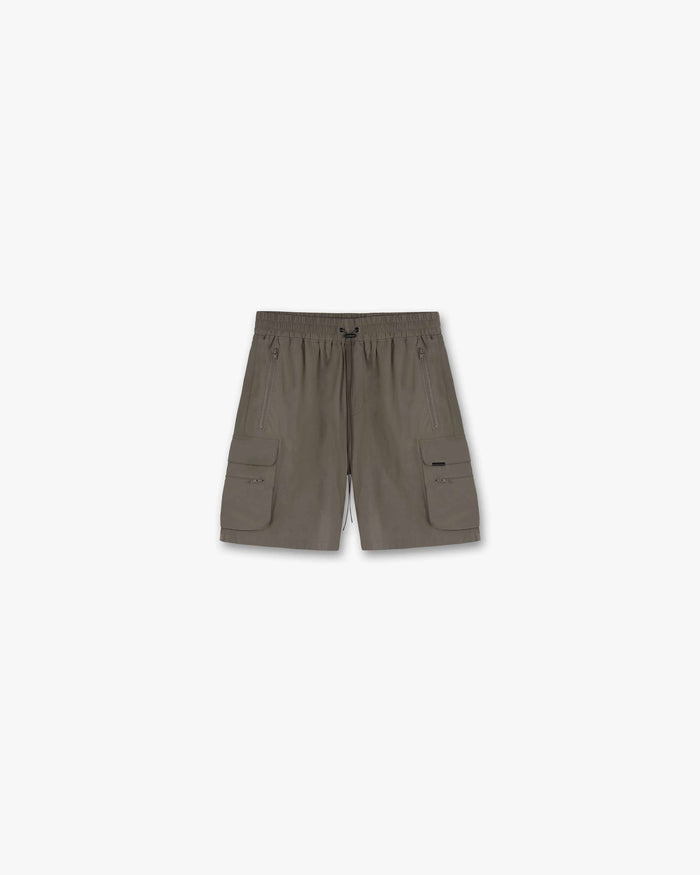 Front product image of mens olive shorts on a plain white background | 247 Shorts in Olive | Cargo shorts with adjustable waistband and RiRi zippers | 247 Shorts | Represent Clo