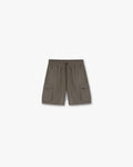Front product image of mens olive shorts on a plain white background | 247 Shorts in Olive | Cargo shorts with adjustable waistband and RiRi zippers | 247 Shorts | Represent Clo