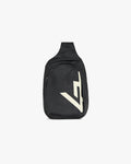 Front product image of a mens black sling bag on a plain white background | 247 Sling Bag in Black | Sling bag with adjustable strap | 247 Accessories | Represent Clo