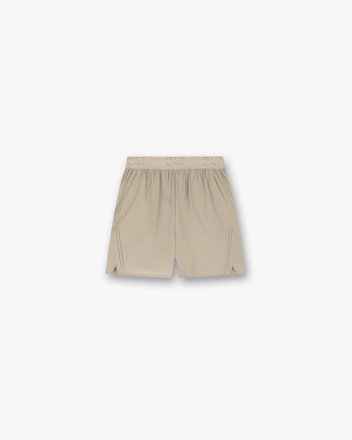 Front product image of mens grey shorts on a plain white background | 247 Training Shorts in Pebble | Polyester shorts in light grey | 247 Shorts | Represent Clo