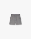 Front product image of mens grey shorts on a plain white background | 247 Training Shorts in Titanium | Shorts with relaxed fit and raw edge branding | 247 Shorts | Represent Clo