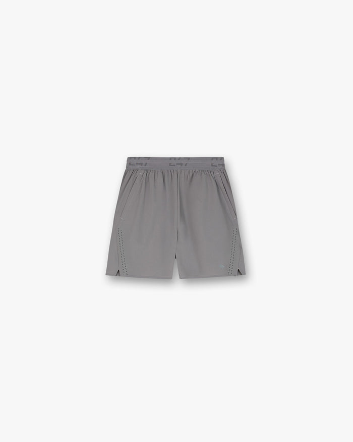 Front product image of mens grey shorts on a plain white background | 247 Training Shorts in Titanium | Shorts with relaxed fit and raw edge branding | 247 Shorts | Represent Clo