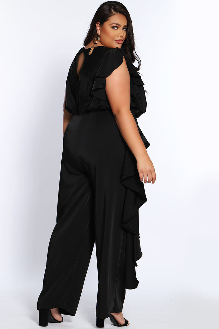 CE2014 by Sydney's Closet french crepe fabric jumpsuit with flounce on side of bodice and pant with center back zipper and scoop neckline, bra friendly straps and sleeveless available in red, black and ivory.