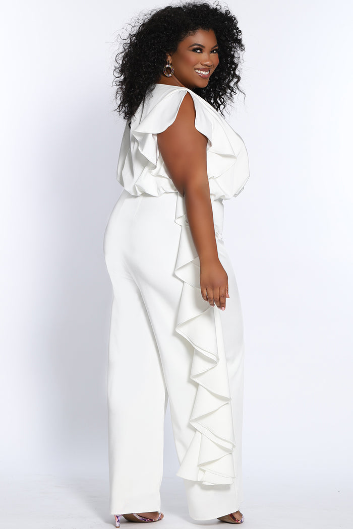 CE2014 by Sydney's Closet french crepe fabric jumpsuit with flounce on side of bodice and pant with center back zipper and scoop neckline, bra friendly straps and sleeveless available in red, black and ivory.