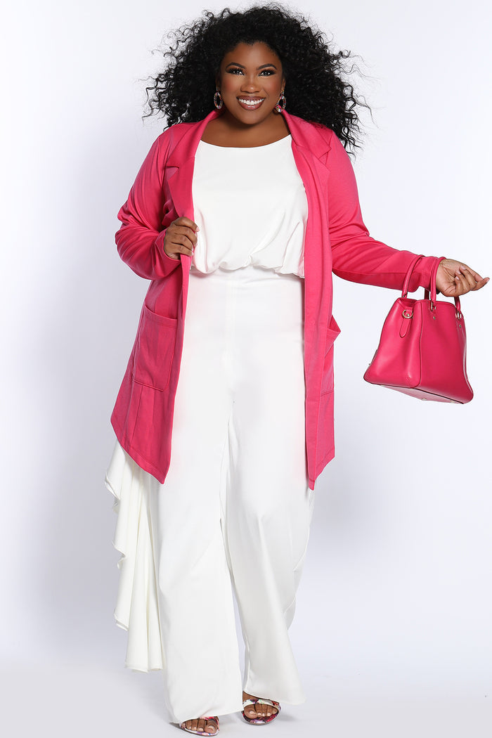 CE2014 by Sydney's Closet french crepe fabric jumpsuit with flounce on side of bodice and pant with center back zipper and scoop neckline, bra friendly straps and sleeveless available in red, black and ivory.