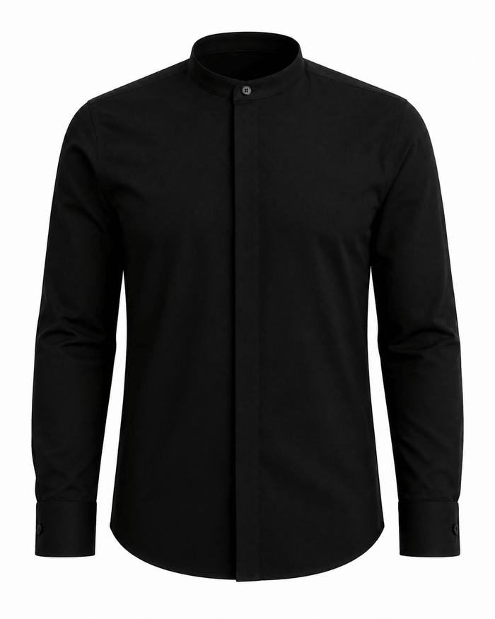 Banded Collar Dress Shirt, Black - Upscale Men's Fashion