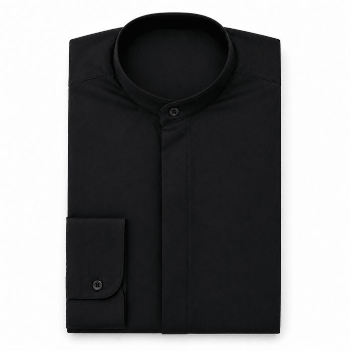 Banded Collar Dress Shirt, Black - Upscale Men's Fashion