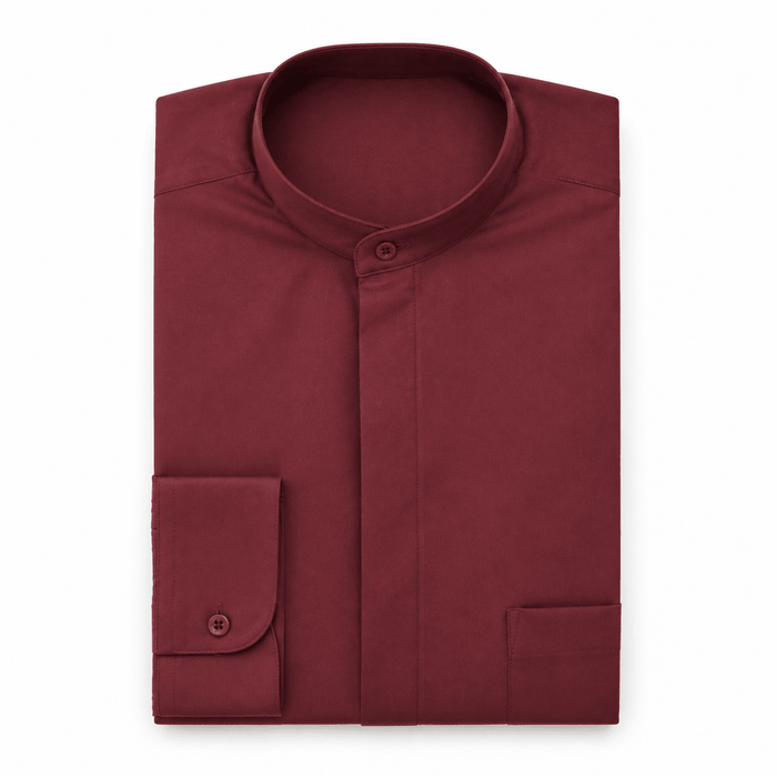 Banded Collar Dress Shirt, Burgundy - Upscale Men's Fashion