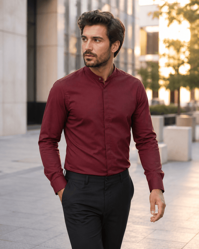 Banded Collar Dress Shirt, Burgundy - Upscale Men's Fashion