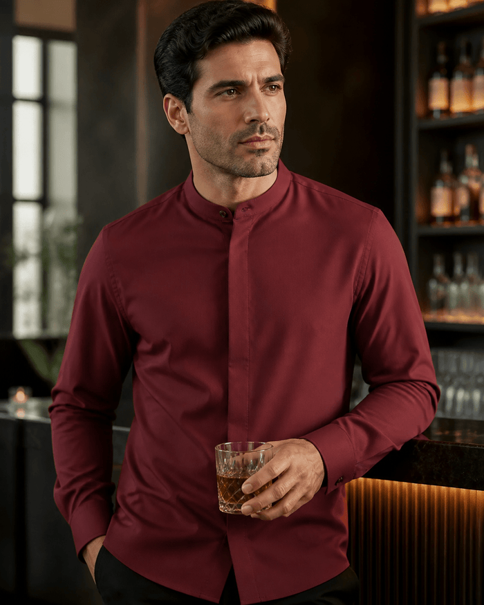 Banded Collar Dress Shirt, Burgundy - Upscale Men's Fashion