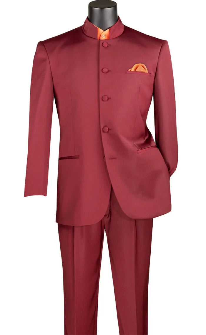 Banded Collar Regular Fit 2-Piece Suit – Burgundy - Vienna Collection - Upscale Men's Fashion