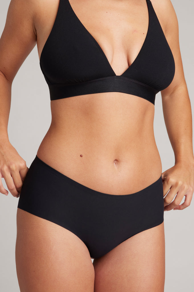 Black boy shorts, front view with seamless look and elastic waistband
