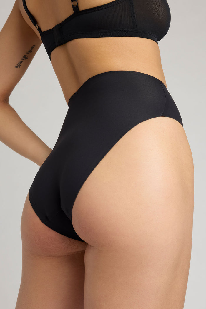 High rise black brief underwear, curved hip and back rise coverage