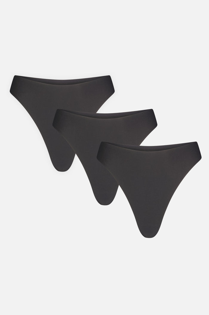Three-pack black high-rise thongs with wide waistband, flat lay