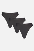 Three-pack black high-rise thongs with wide waistband, flat lay