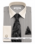 Beige Black Bold Stripe Dress Shirt Set with Tie, Pocket Square & Cuff Links - Upscale Men's Fashion