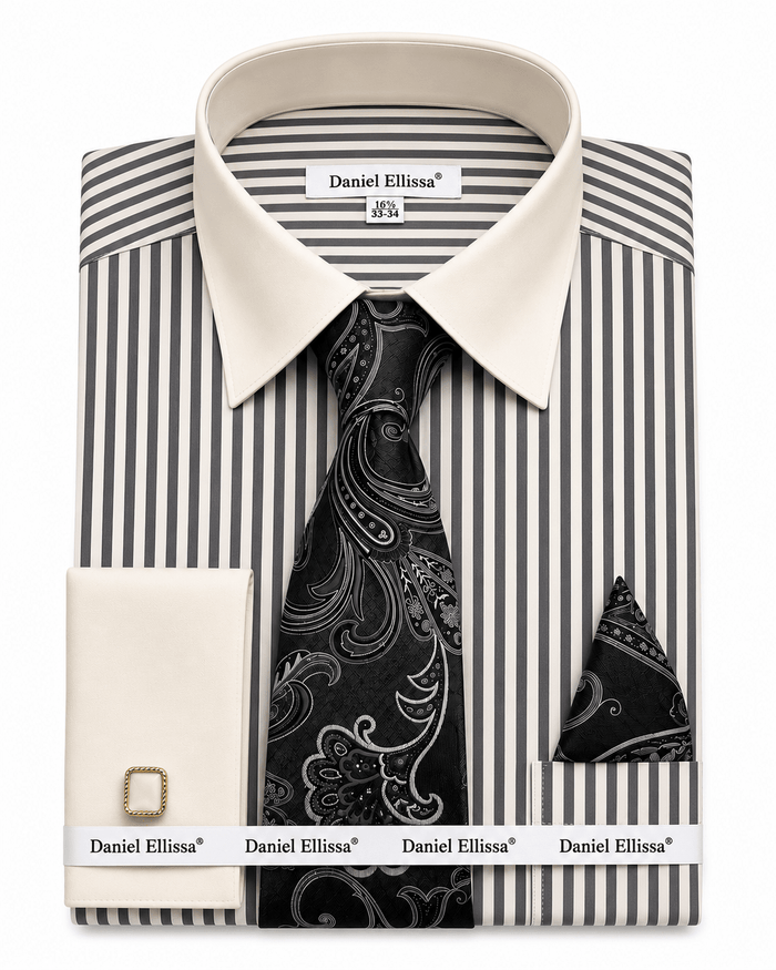 Beige Black Bold Stripe Dress Shirt Set with Tie, Pocket Square & Cuff Links - Upscale Men's Fashion
