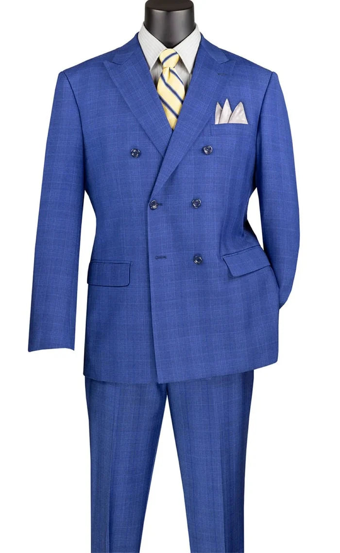 Bellagio Collection – Blue Regular Fit Glen Plaid Double-Breasted Suit - Upscale Men's Fashion