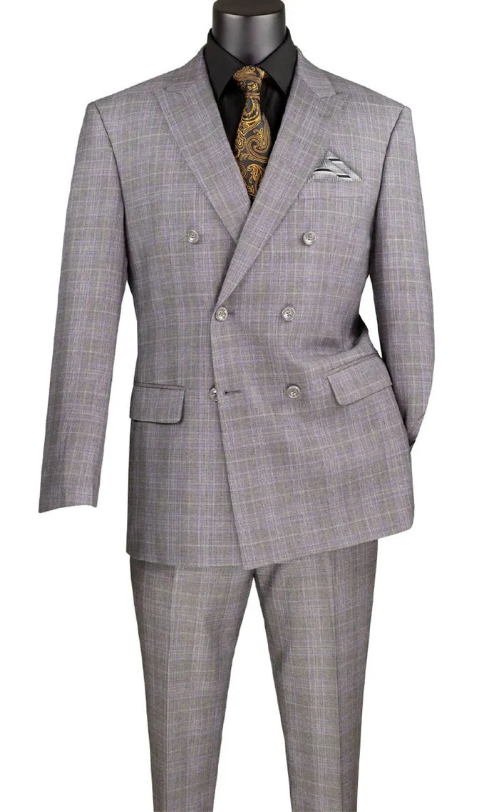Bellagio Collection – Gray Regular Fit Glen Plaid Double-Breasted Suit - Upscale Men's Fashion