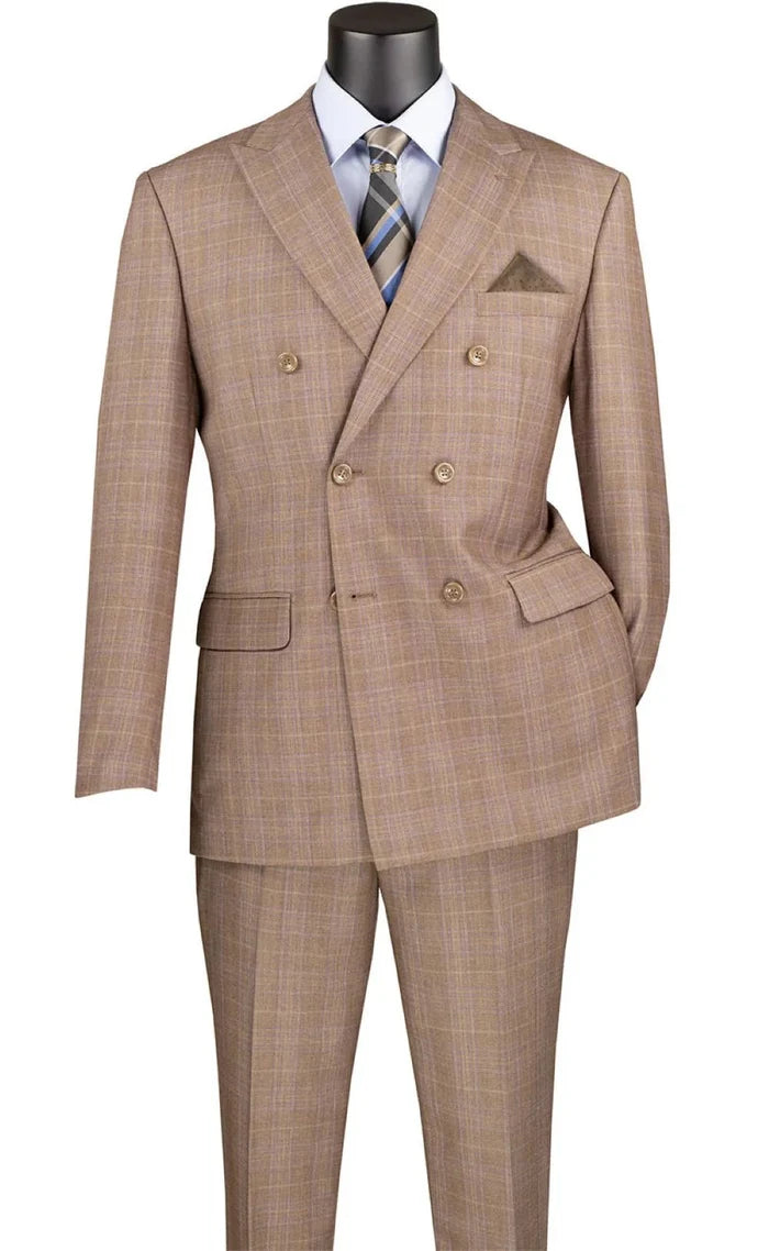 Bellagio Collection – Tan Regular Fit Glen Plaid Double-Breasted Suit - Upscale Men's Fashion