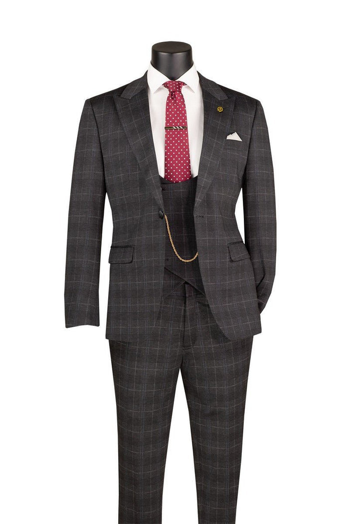 Black Glen Plaid Slim Fit 3 Piece Suit for Men – Peak Lapel Stretch Suit – Savoy Collection - Upscale Men's Fashion