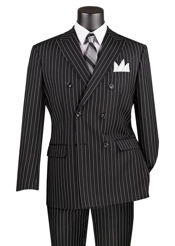 Black Pinstripe Regular Fit Double-Breasted Suit – Banker Collection - Upscale Men's Fashion