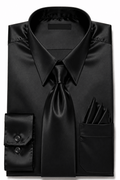 Black Satin Dress Shirt Set with Matching Tie & Pocket Square - Upscale Men's Fashion