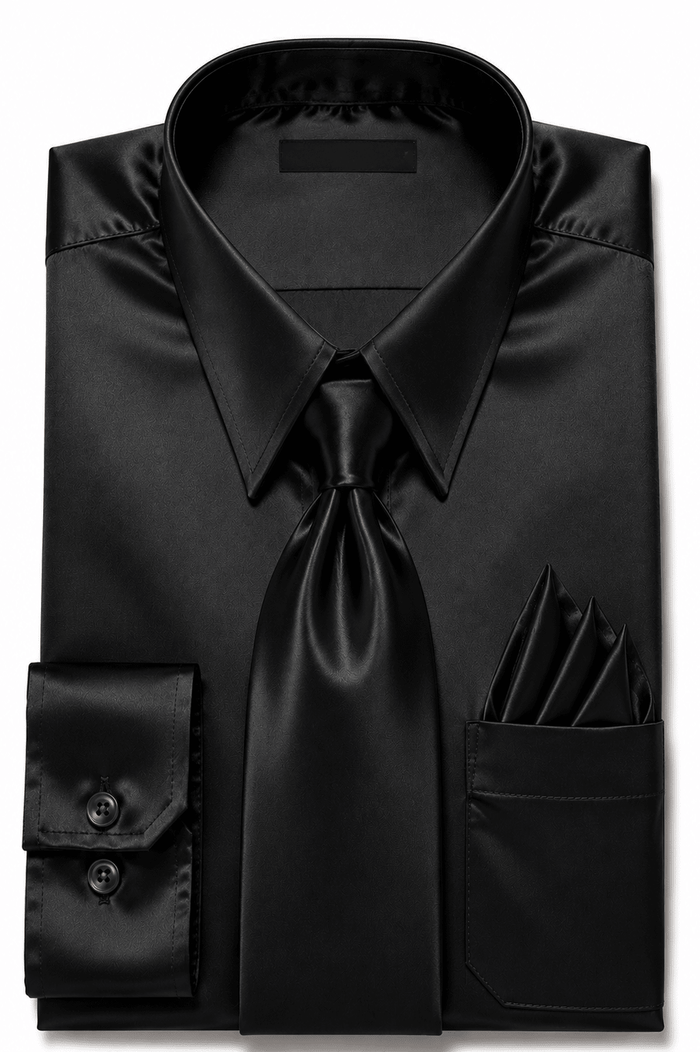 Black Satin Dress Shirt Set with Matching Tie & Pocket Square - Upscale Men's Fashion
