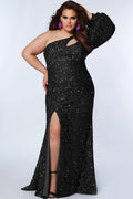 Black Sequin One-Shoulder Plus Size Formal Gown with Cutout