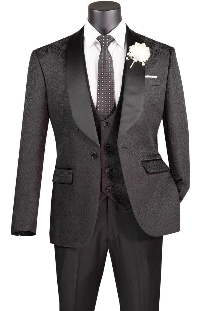 Black Slim Fit Jacquard 3-Piece Tuxedo with Shawl Lapel – Rivoli Collection - Upscale Men's Fashion