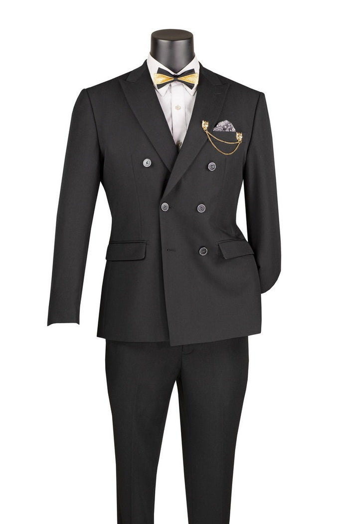 Black Slim Fit Stretch Double Breasted 2 Piece Suit - Bellarco Collection - Upscale Men's Fashion