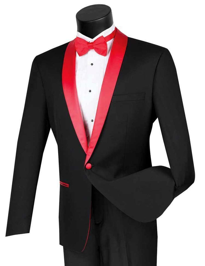 Black Tuxedo Slim Fit with Red Shawl Lapel & Black Pants - Upscale Men's Fashion