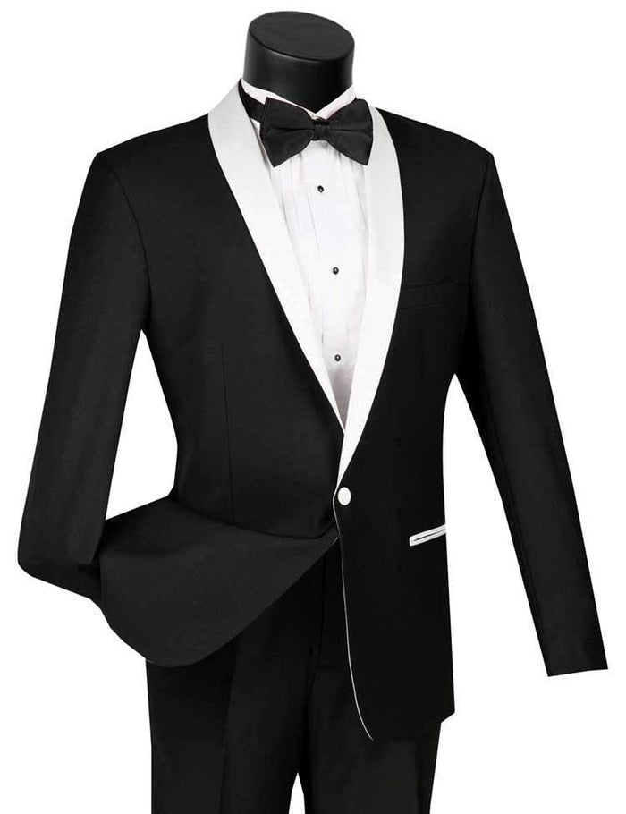 Black Tuxedo Slim Fit with White Shawl Lapel & Black Pants - Upscale Men's Fashion
