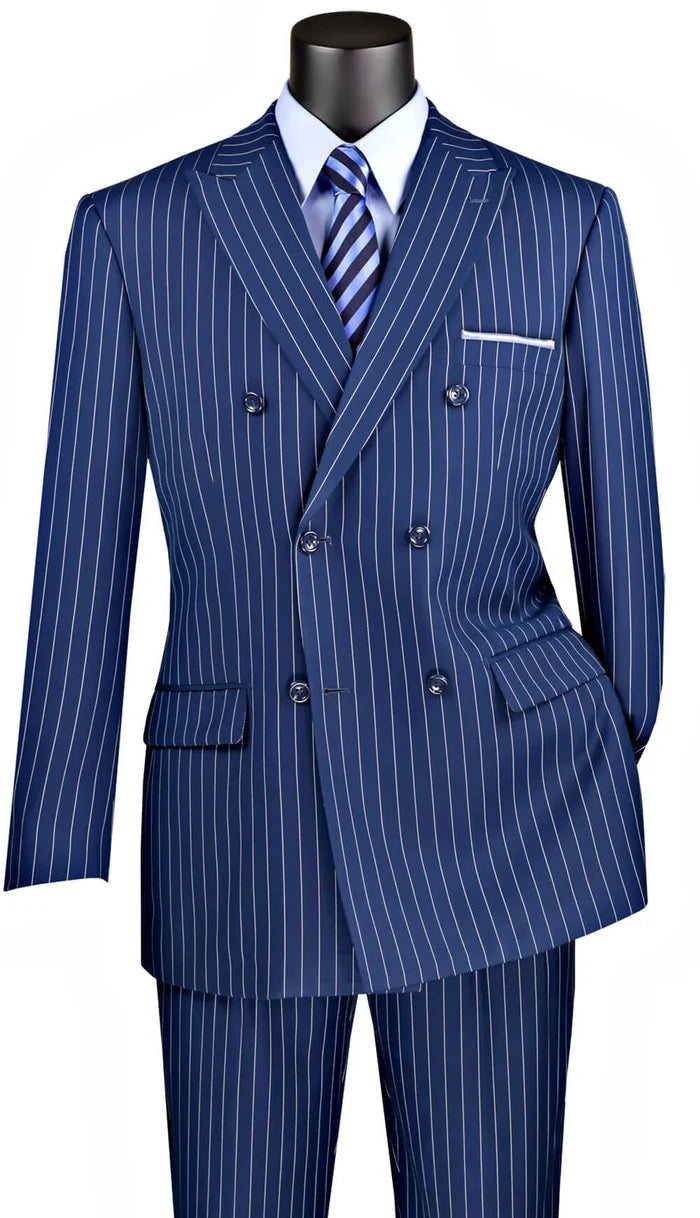 Blue Pinstripe Regular Fit Double-Breasted Suit – Banker Collection - Upscale Men's Fashion