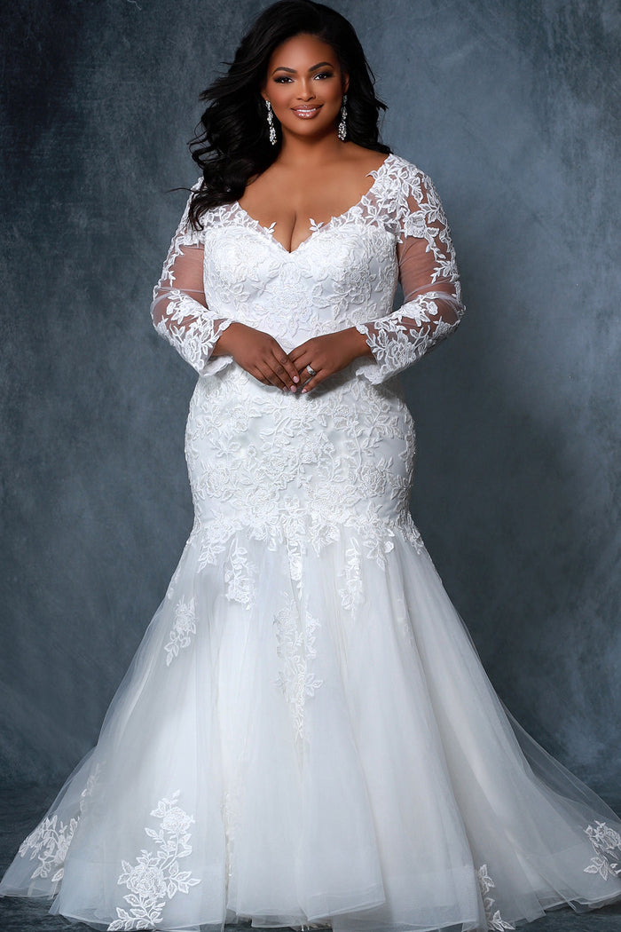 Michelle Bridal MB2202 Plus Size ivory mermaid wedding dress with lace details on body, sleeves, and tulle skirt.