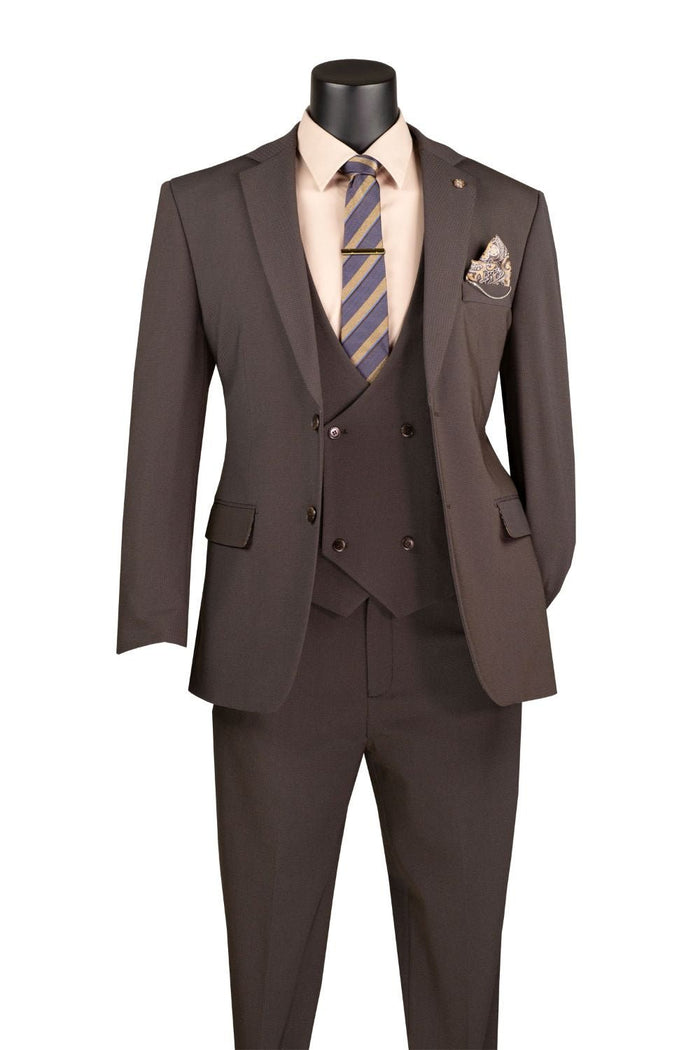 Brown Modern Fit 3-Piece Bird’s-Eye Weave Stretch Suit – Livorno Collection - Upscale Men's Fashion