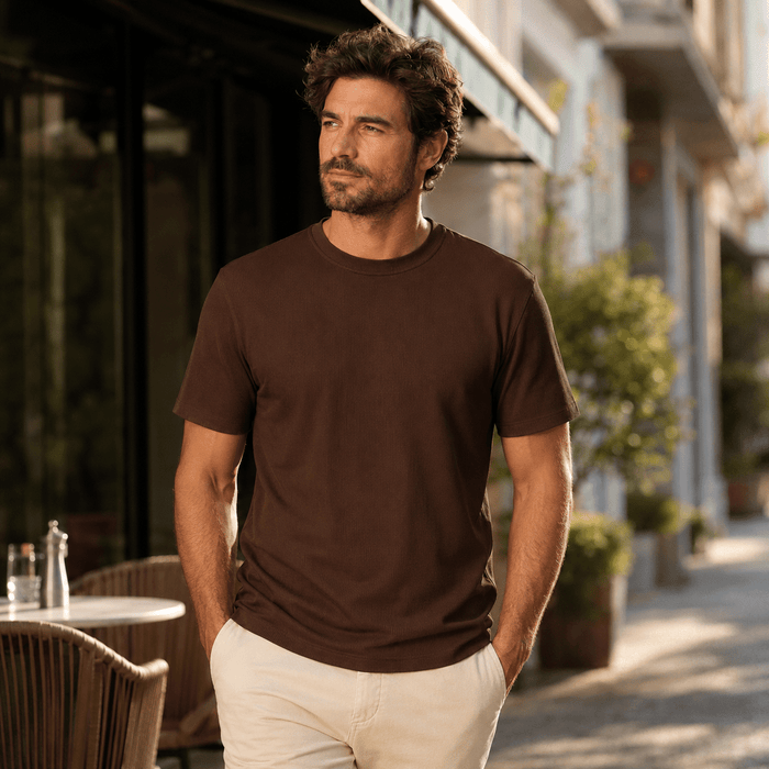 Brown Ribbed Regular Fit Crew Neck T-Shirt - Upscale Men's Fashion