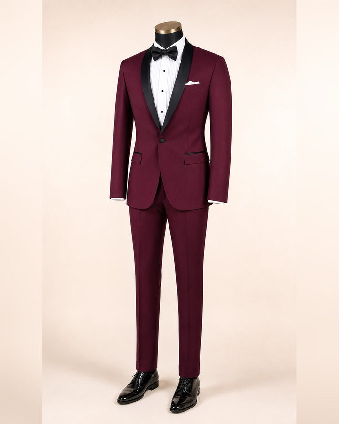 Burgundy Tuxedo Slim Fit with Narrow Black Shawl Lapel & Burgundy Pants - Upscale Men's Fashion