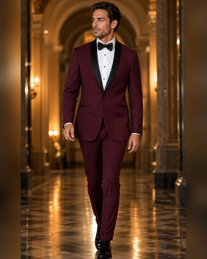 Burgundy Tuxedo Slim Fit with Narrow Black Shawl Lapel & Burgundy Pants - Upscale Men's Fashion