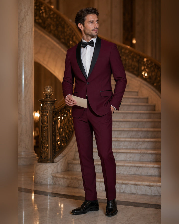 Burgundy Tuxedo Slim Fit with Narrow Black Shawl Lapel & Burgundy Pants - Upscale Men's Fashion